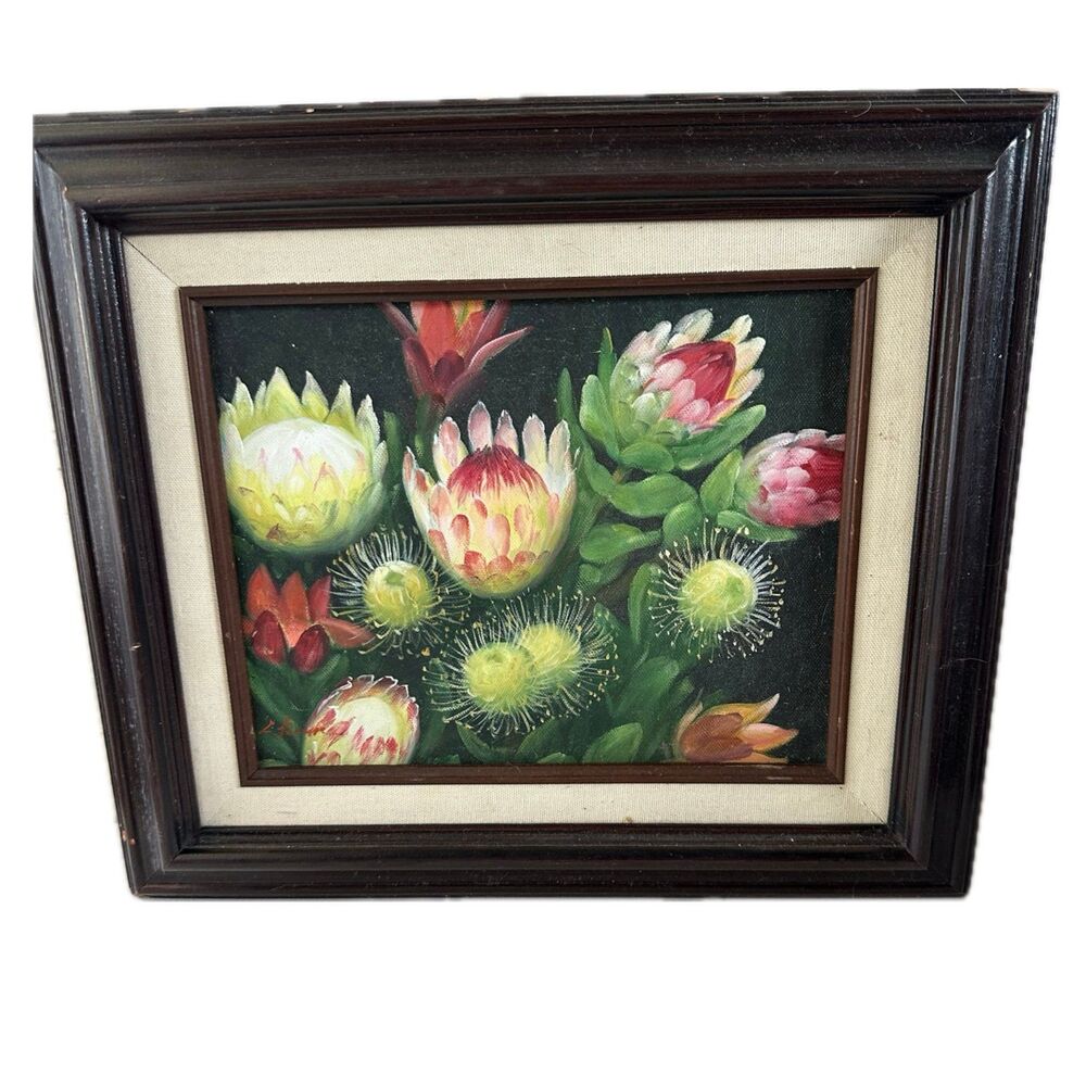 Framed Protea Tropical Hawaiian Flowers Original Canvas Oil Painting Signed